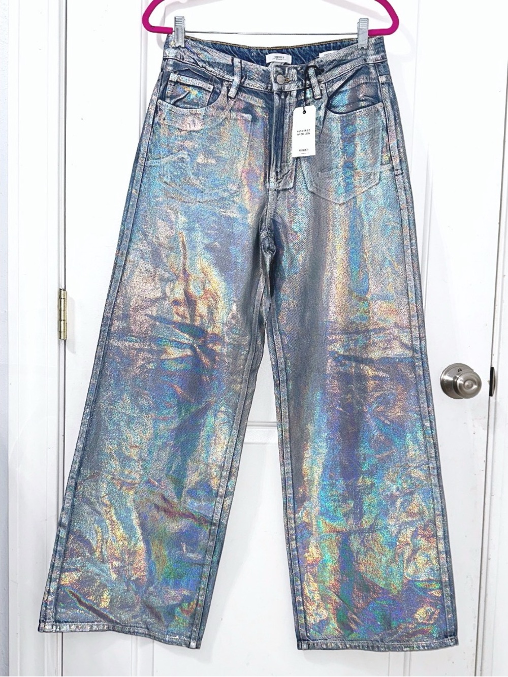 Forever 21 Premium Holographic Rainbow high rise Wide-Leg Jeans, size 28 waist